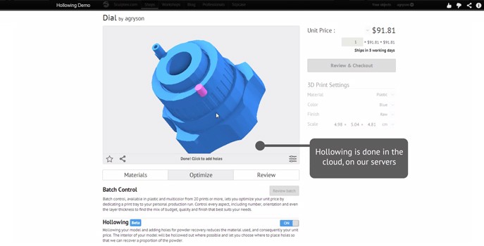 Optimization tools: directly hollow your model on Sculpteo.com