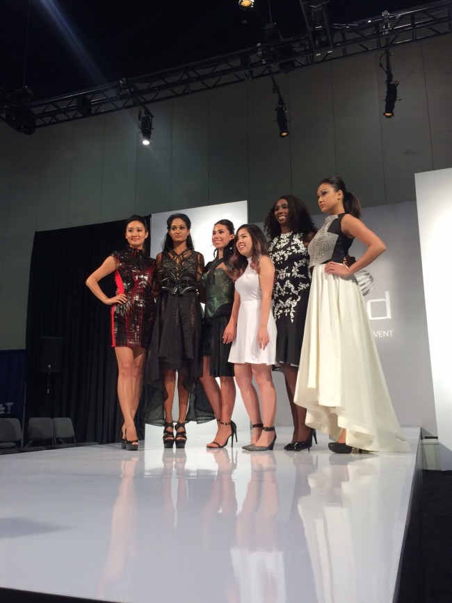 Rachel Nhan with models wearing her 3D printed collection