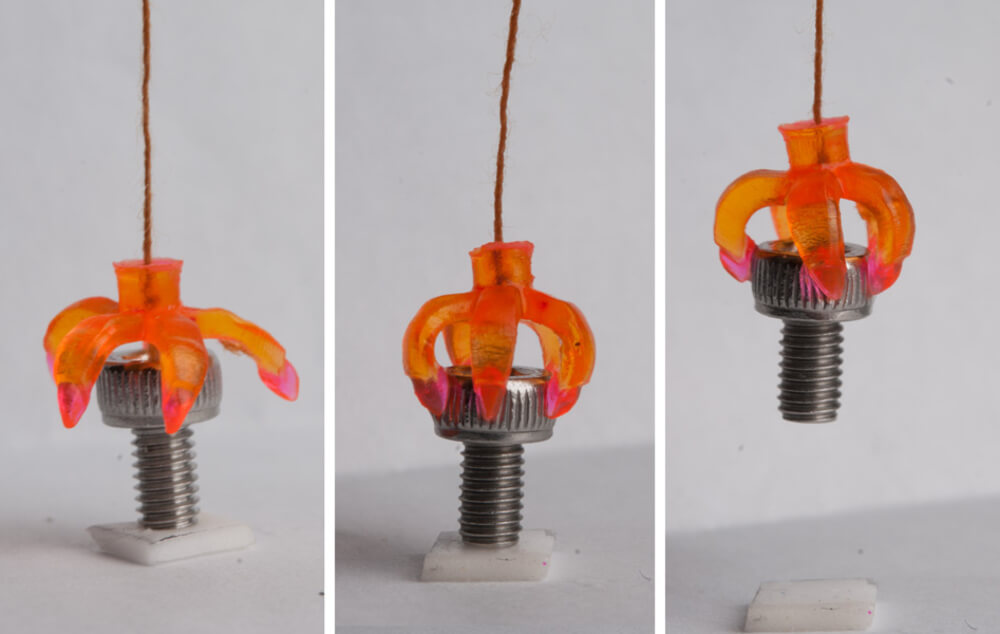 A 4D-printed gripper grabs an object when the temperature is optimal