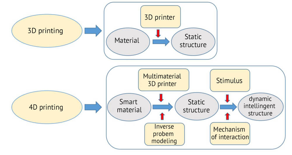 Differences between 3D printing and 4D printing procedures. Diagram by Jean-Claude André | Scientific Advisor at INSIS